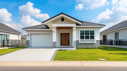 A contemporary single-story house features a striking entrance and expansive windows, surrounded by a lush lawn and paved driveway, set in a peaceful suburban area on a sunny day