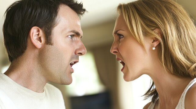 A couple faces each other with intense expressions as they engage in a loud argument. The bright living room setting highlights the emotional tension between them