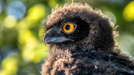 Naklejka premium This young owl, featuring soft downy feathers and prominent yellow eyes, is perched quietly amidst vibrant green foliage, capturing the essence of its natural habitat