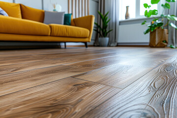 Home decor concept. Wooden laminate floor boards background image. Varnished wooden board, shiny polished wood parquet floor taken with low angle.
