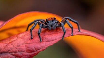Fototapeta premium This striking spider, with bold colors, is positioned on a vivid autumn leaf. The bright foliage highlights the spider's detailed features, capturing nature's stunning contrast