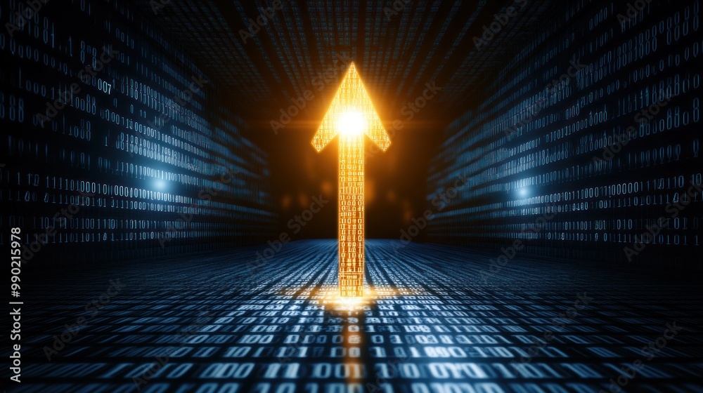 Poster an illuminated arrow composed of glowing numbers points upward against a background filled with bina