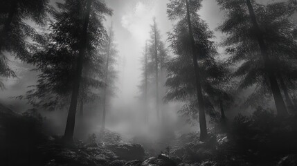 Obraz premium A black and white photo of a forest with fog, AI