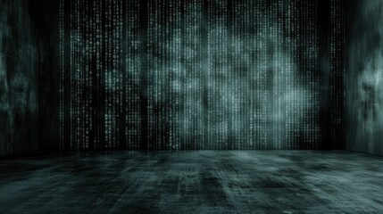 Glowing binary code streams down the walls of a dark room, creating a futuristic ambiance that suggests a digital world. The eerie atmosphere invites exploration and intrigue