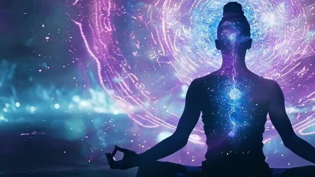 Woman is meditating in the lotus position, reaching a higher state of consciousness with a purple and blue light glowing from her third eye