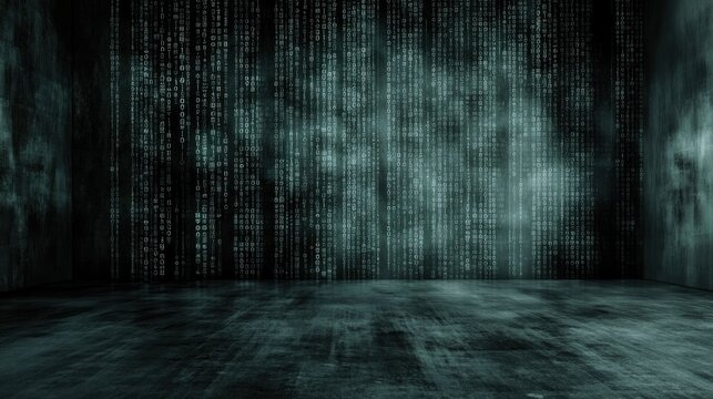 Glowing binary code streams down the walls of a dark room, creating a futuristic ambiance that suggests a digital world. The eerie atmosphere invites exploration and intrigue