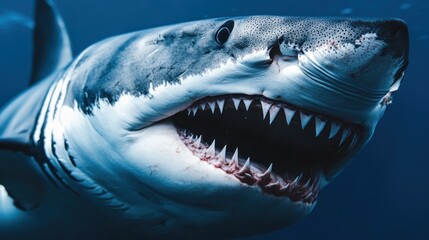 Naklejka premium A great white shark glides through the ocean, revealing its impressive jaws filled with sharp teeth. The vibrant blue water highlights its majestic presence in the marine environment