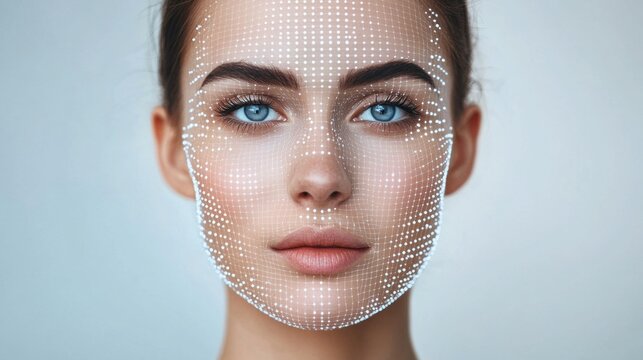 The focus is on a woman with striking blue eyes, her face adorned with a digital overlay that symbolizes the intersection of technology and beauty