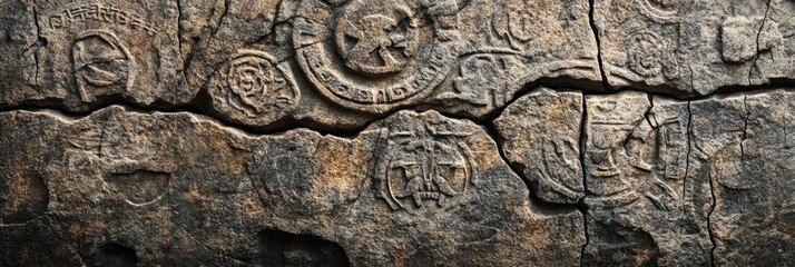 Carved stone texture with ancient symbols and deep engravings, worn by time