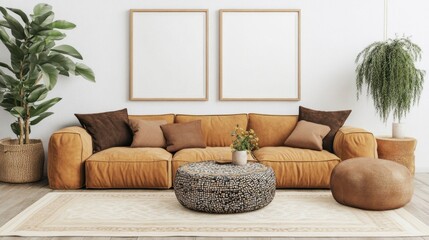 A cozy living room features a stylish brown sofa adorned with various cushions, a round woven coffee table, and indoor plants, creating a warm atmosphere in a bright environment