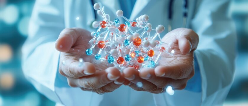 Doctor holding a model showing antioxidant pathways in the human body