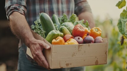 A man holding a box with fresh vegetables - Generative AI