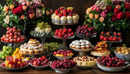 Fototapeta premium A vibrant display of assorted fruits and cupcakes surrounded by colorful flowers, perfect for events and celebrations.