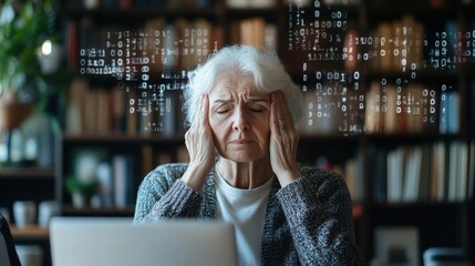 An elderly woman experiences frustration while working on a laptop, surrounded by books and digital data representations.