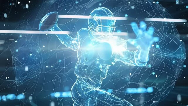 Blue hologram of an american football player throwing a pass in a dark stadium, conveying concepts of virtual reality and sports technology