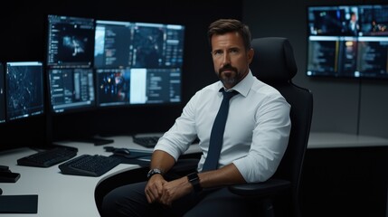 A man in a white shirt and tie sits confidently at a sleek workstation, analyzing cyber security data on several large monitors, showcasing a high-tech environment focused on digital safety