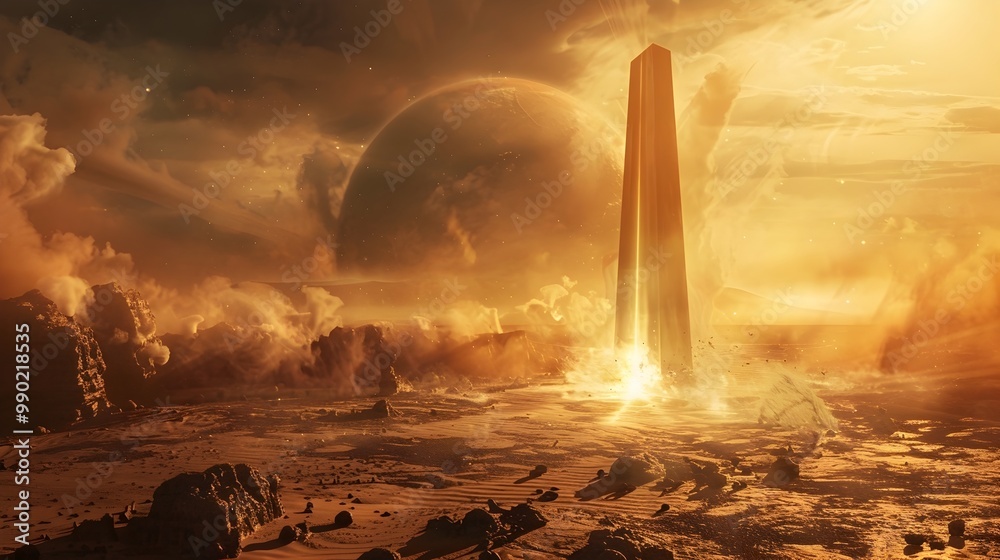 Wall mural enigmatic alien obelisk transmitting interstellar messages through resonating sound waves on distant