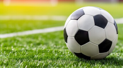 Fototapeta premium A soccer ball lies on vibrant green grass under clear skies, ready for play in a recreational or competitive setting