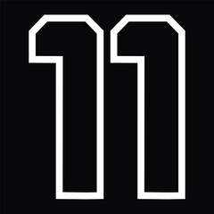 11 Classic Vintage Sport Jersey  Uniform numbers in black with a black outside contour line number on white background for American football, Baseball and Basketball or soccer for shirt
