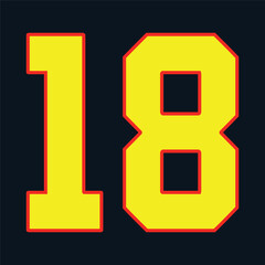 18 Classic Vintage Sport Jersey Uniform numbers in black with a black outside contour line number on white background for American football, Baseball and Basketball or soccer for shirt
