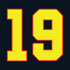 19 Classic Vintage Sport Jersey Uniform numbers in black with a black outside contour line number on white background for American football, Baseball and Basketball or soccer for shirt