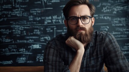 A bearded man wearing glasses rests his chin on his hand, pondering over complex mathematical equations on a chalkboard in a warmly lit study space