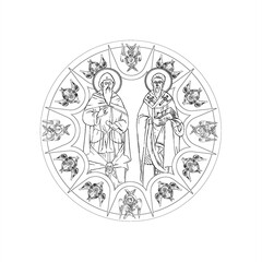 Naklejka premium Saints Cyril and Methodius (name english) sky round dome with 4 apostles and seraphim. Coloring page in Byzantine style