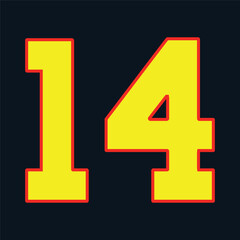 14 Classic Vintage Sport Jersey / Uniform numbers in black with a black outside contour line number on white background for American football, Baseball and Basketball or soccer for shirt
