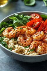 Fototapeta premium Grilled shrimp are beautifully arranged atop fluffy rice, accompanied by vibrant cherry tomatoes and fresh spinach, creating a colorful, healthy meal
