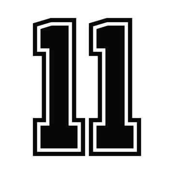 11 Classic Vintage Sport Jersey / Uniform numbers in black with a black outside contour line number on white background for American football, Baseball and Basketball or soccer for shirt