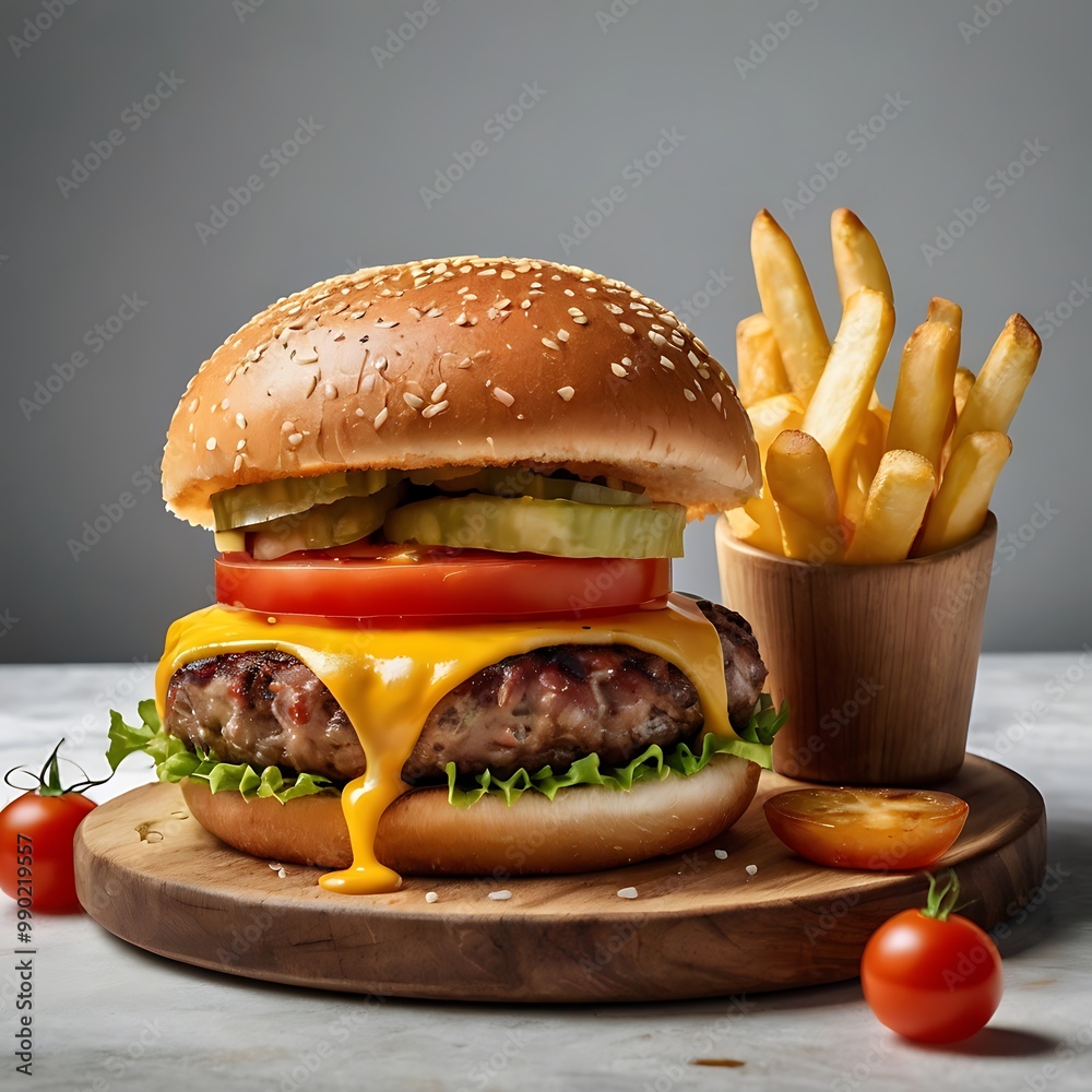 Wall mural Delicious single Burger with French fries, cheese tomato fried Served, yummy burger with grilled meat topped with vegetables sliced cheese fresh