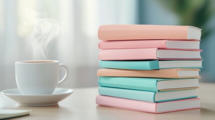 Naklejka premium A stack of books with a cup and saucer on top, AI