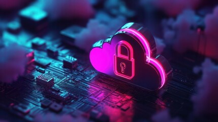 Abstract illustration of cloud security services, stylized cloud icon integrated with a secure padlock symbol, representing data protection and cybersecurity in cloud computing environments.