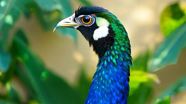 The peacock stands elegantly, showcasing its striking iridescent feathers while surrounded by vibrant greenery in a sunlit garden