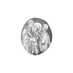 Christian illustration of crying Holy Mary in Byzantine style. Decorative scrapbook element on pebble isolated