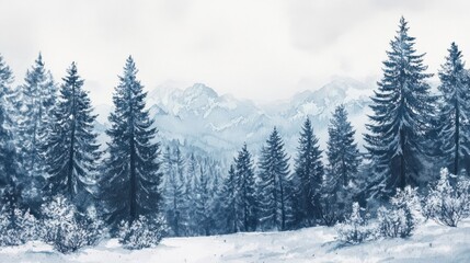 Fototapeta premium Alpine trees in the forest watercolor style illustration with winter color.