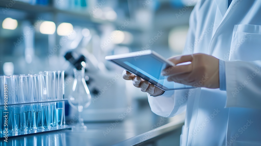 Poster scientist using a tablet in a laboratory setting