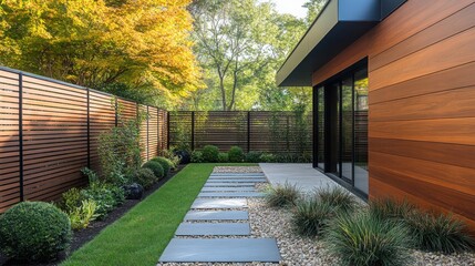 Modern minimalist metal fence design enclosing a stylish yard area with vertical and horizontal sections in a contemporary setting