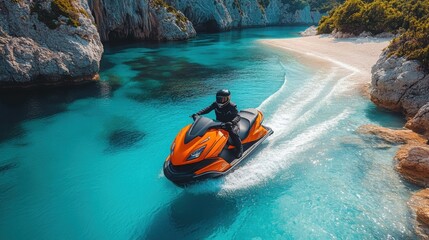 Enjoying a jetski adventure on a stunning azure beach during peak vacation season with clear skies and gentle waves