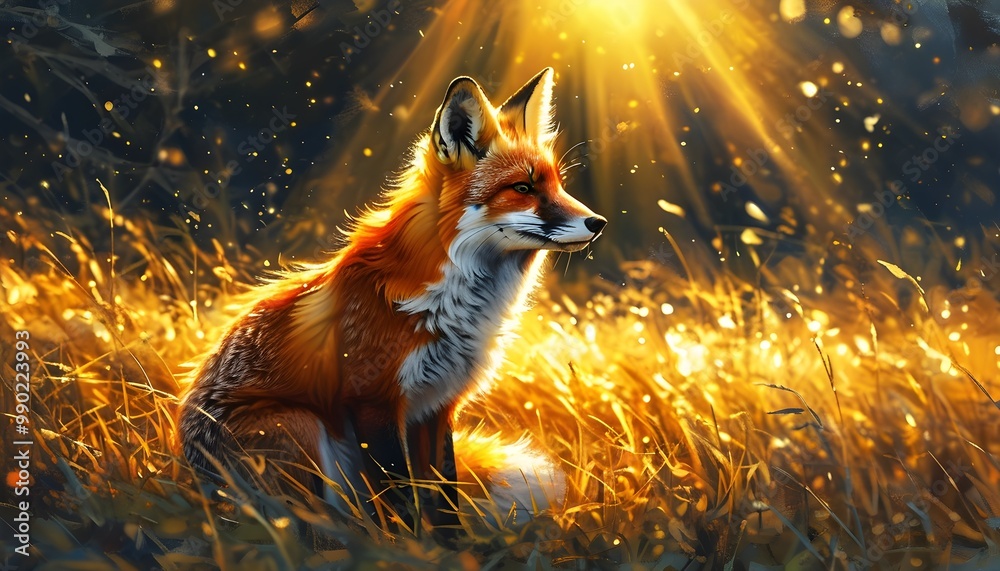 Wall mural Red fox resting peacefully in lush grass illuminated by warm golden sunlight