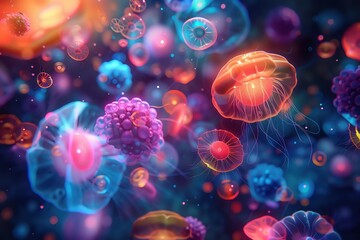 Fototapeta premium Synthetic biology, Artificial cells and organisms glowing with vibrant colors