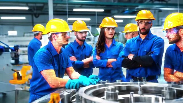 A group of factory workers in hard hats and blue uniforms stand in a factory, looking at a large metal part.