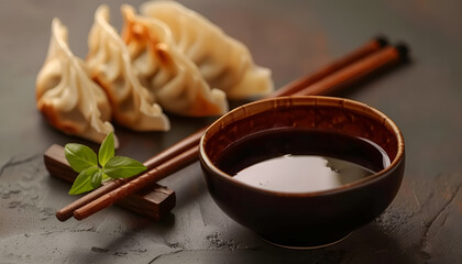 Fototapeta premium portion of boiled gyoza dumplings is served with a bowl of soy sauce and chopsticks. Traditional oriental culinary art, an introduction to culture through national cuisine