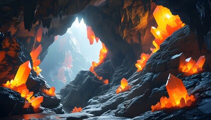 Vibrant orange crystals illuminating a cave, beckoning exploration of rugged terrain and adventurous journeys