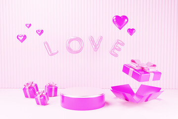 Minimal abstract product background for Valentine. Podium with pink gift box on pink background. 3D rendering illustration.