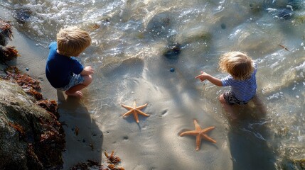 Children delight in exploring a tide pool, pointing to starfish and crabs as the tide rises - Powered by Adobe