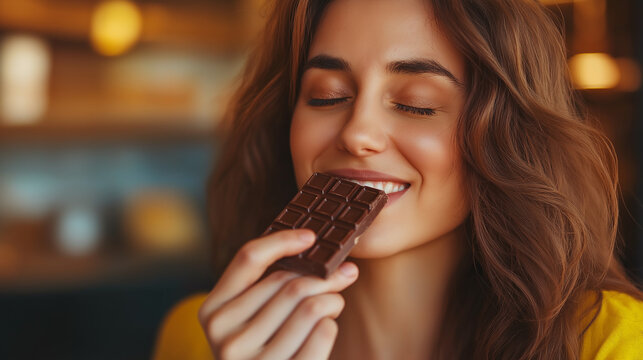 A woman is eating a chocolate bar