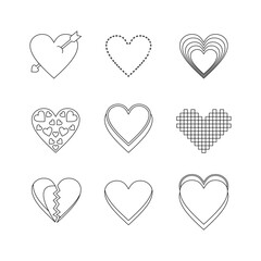 Love heart doodle line sign icon collection. outline style. isolated illustration