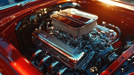 Fototapeta premium Classic muscle car engine with chrome details at a vintage car show under warm afternoon light