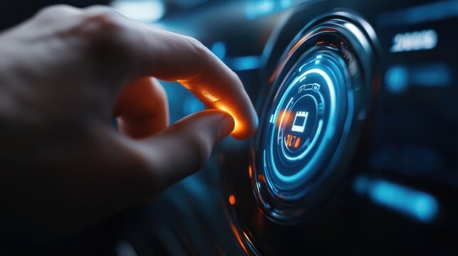 Close-up of a hand pressing a car start button with a futuristic 2025 display, symbolizing innovation and technology advancement. - Powered by Adobe